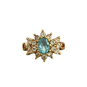 14kt Gold Plated Aquamarine Encrusted Flower Crystal Ring Size 7 Vintage 90s NEW